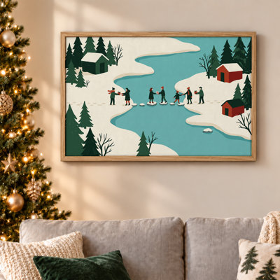 «People Crossing Frozen River Near Red Cabins Christmas», art mural sur toile