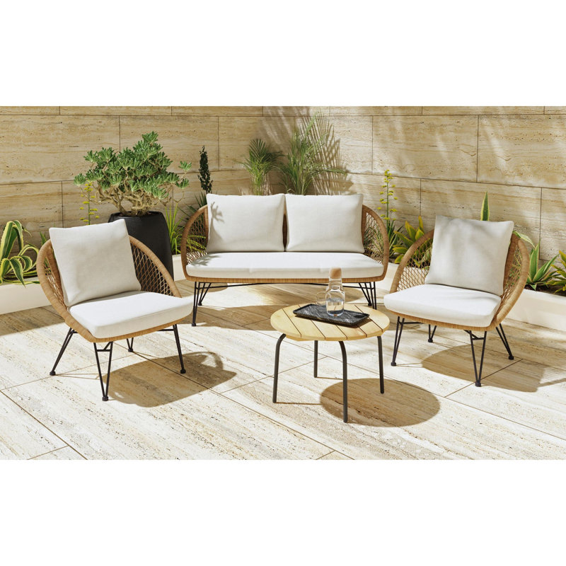  Lilly Outdoor Seating 4PC Set - Black, Natural and Olefin Beige