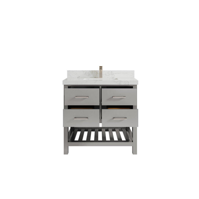Meuble-lavabo simple en teck 36 po x P 22 po x H 36 po Parker, Calacatta Nuvo, Gris éléphant