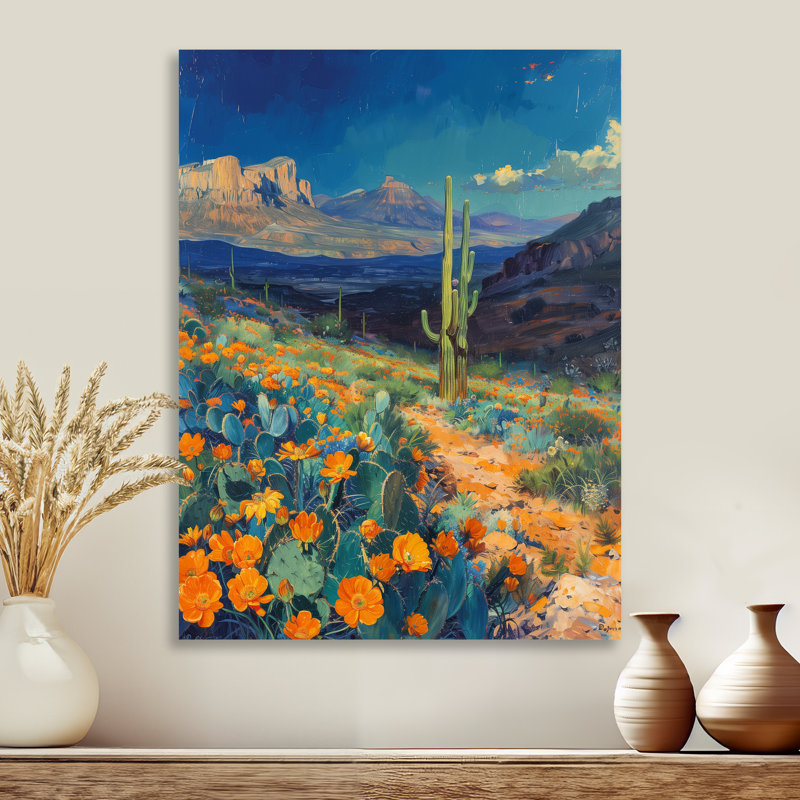 Orange, bleu, désert, cactus, paysage au Mexique II - plantes, art mural, 44" H x 34" W, Gold Floater Framed