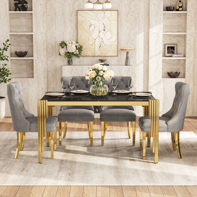 5-Piece Modern Glass Dining Table Set, 52.76" Rectangular Tempered Glass Top, Polished Irregular Round Tube Stainless Steel Legs, 4 Velvet Upholstered Stainless Steel Dining Chairs