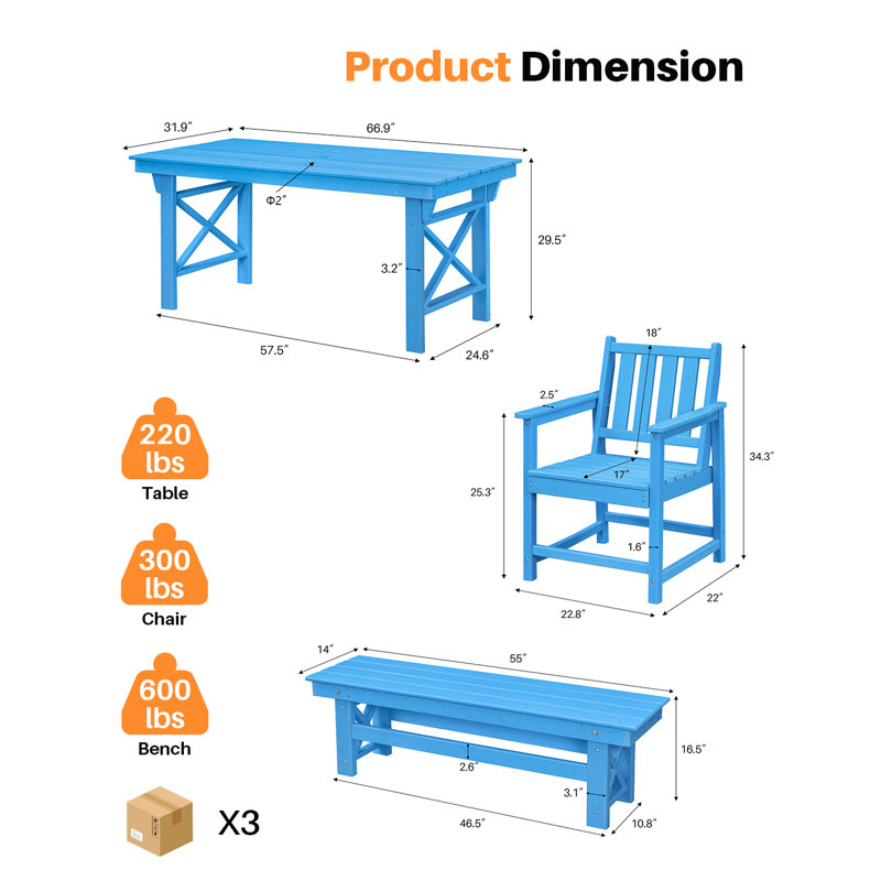 HDPE Outdoor Dining Set Of 6, Patio Dining Table Set With 4 Chairs And 1 Bench, 6 Pieces HDPE Dining Set With Umbrella Hole, Outdoor Furniture Sets For Deck, Poolside, Garden