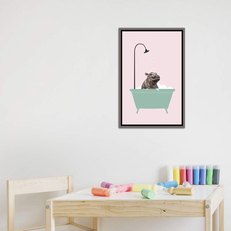 Hippopotame dans une baignoire, art encadré, H 48 po x l 32 po x P 1,5 po, Toile encadrée de bois rustique foncé