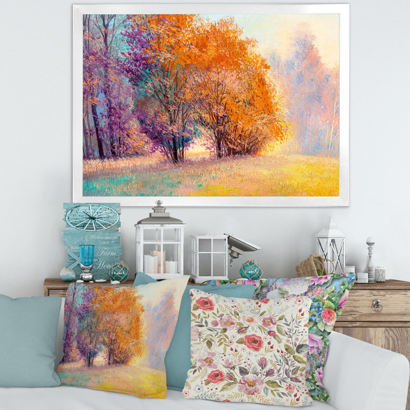 «Autumn Forest Orange Leaves Original Landscape», reproduction sur toile, H 30 po x l 40 po x 1,5 po, Toile blanche encadrée