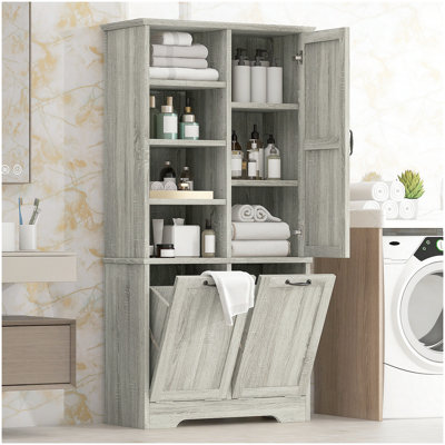 Bathroom Storage Cabinet with Doors and Drawers, Tilt-Out Laundry Hamper, Multiple Storage Space, Freestanding Style, Open Shelve, Adjustable Shelf, Oak