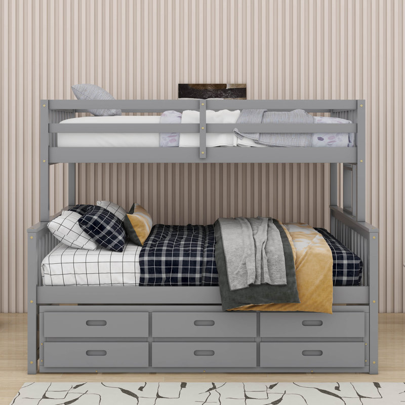 Lit simple superposé au dessus d'un lit double avec tiroirs et lit gigogne, Gris