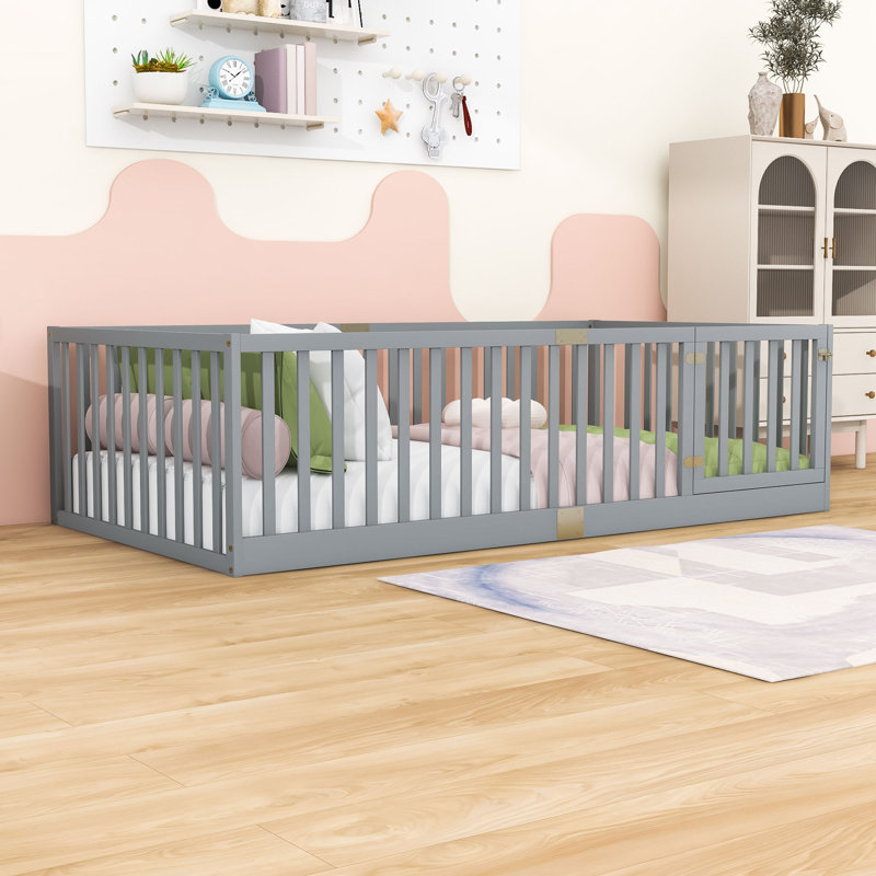 Lit sur pied de style Montessori avec garde-corps et porte battante, Twin, Grey