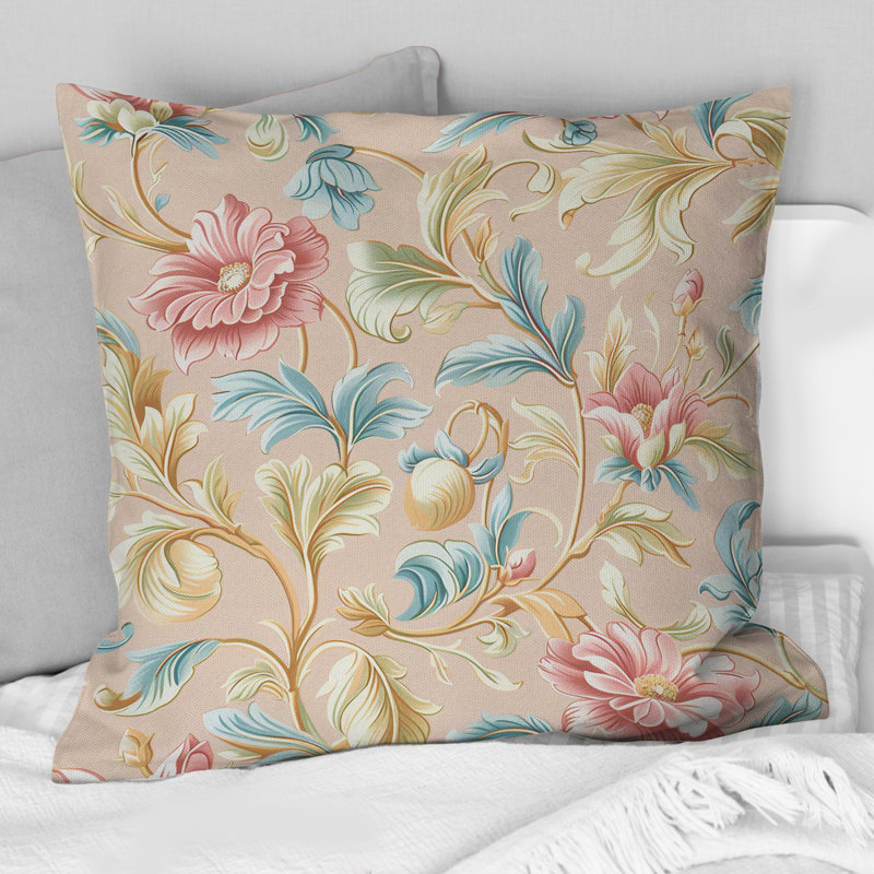 Coussin Boho rose, rose et bleu, H 16 po x l 16 po, Carrée