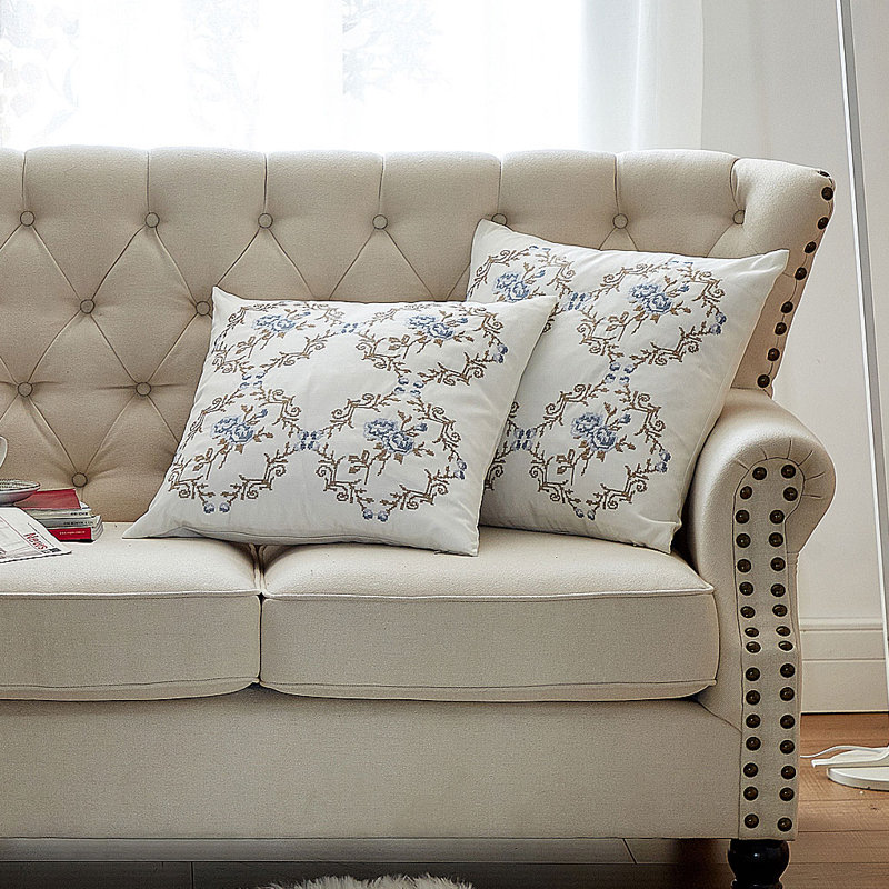 Rose Embroidered Pillow Cover, Gray Blue