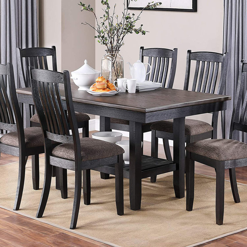 Ensemble de salle à manger de style transitionnel 7 pièces en bois d'hévéa foncé avec tablette et 6 chaises d'appoint