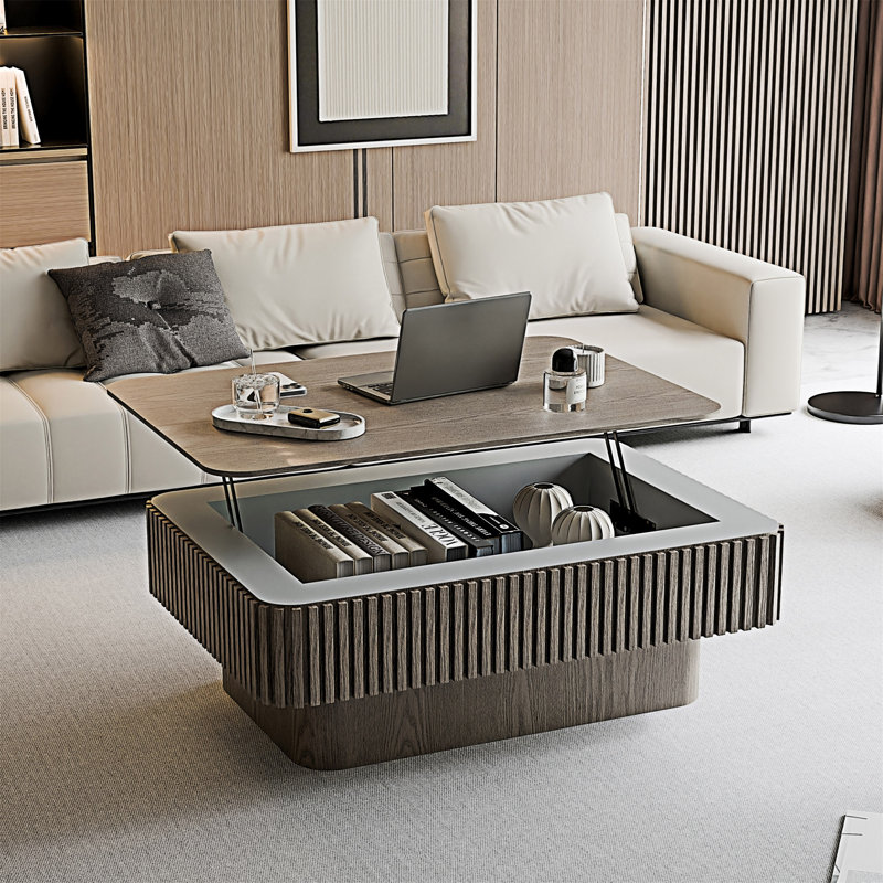 Table basse cannelée en bois à plateau relevable avec rangement et hauteur réglable, Gris