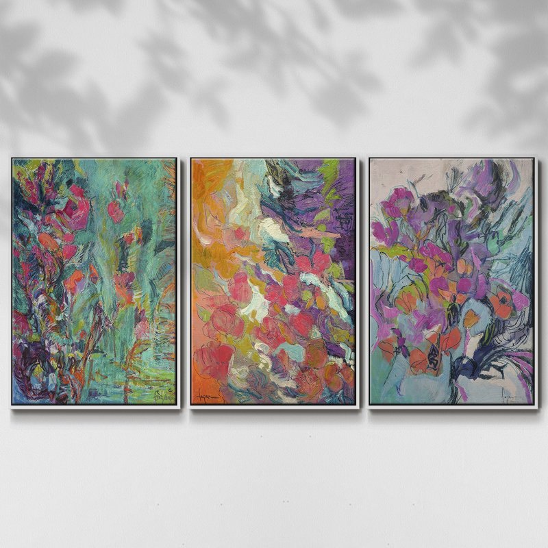 «Downing Graces», ensemble de 3 pièces encadrées sur toile, H 27 po x l 54 po, Blanc