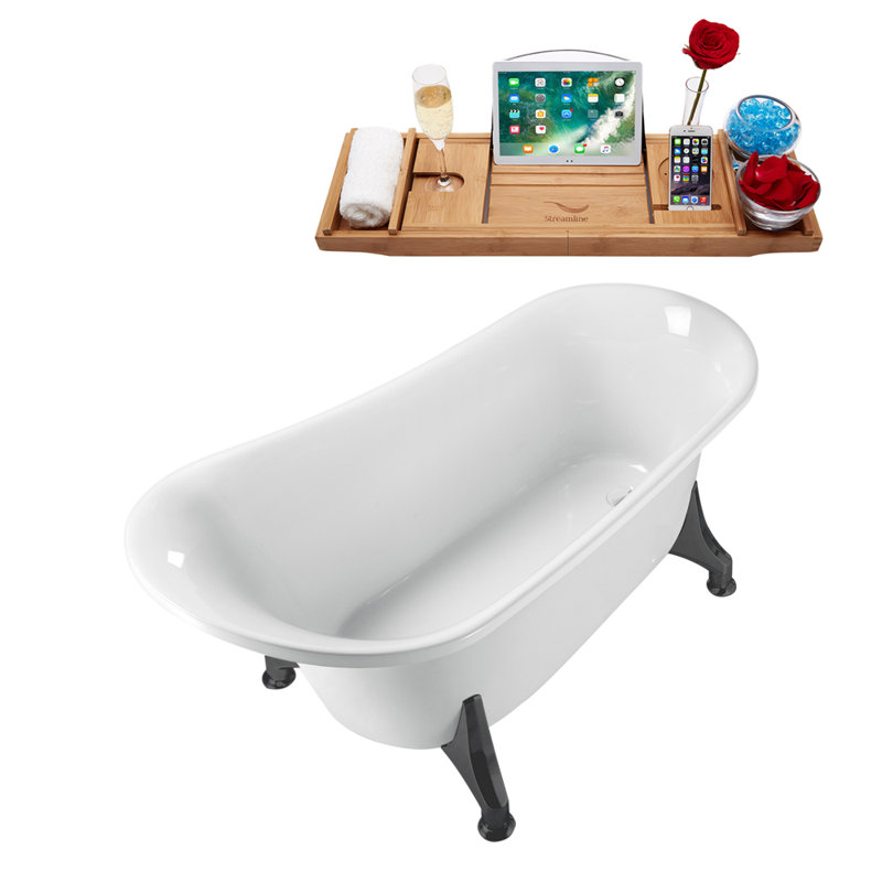 59" Streamline Clawfoot Soaking Acrylic Bathtub With Drain, Clawfeet, and Bamboo Tray, Glossy White, Brushed Gun Metal