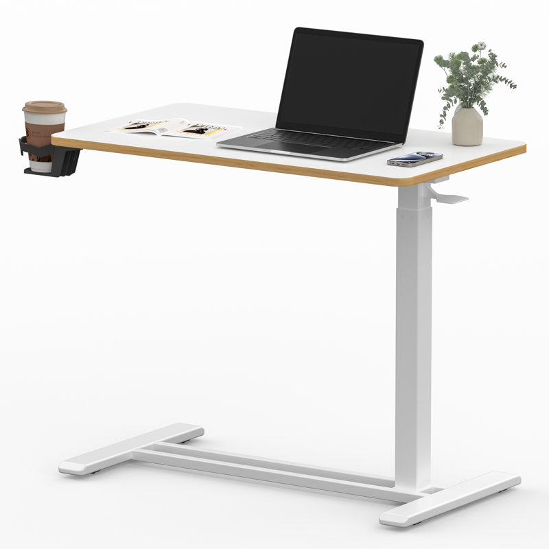Kristee Adjustable and Movable Overbed Table with Hidden Casters, 40.5" H x 31.5" W x 17.7" D, White with Maple Edge