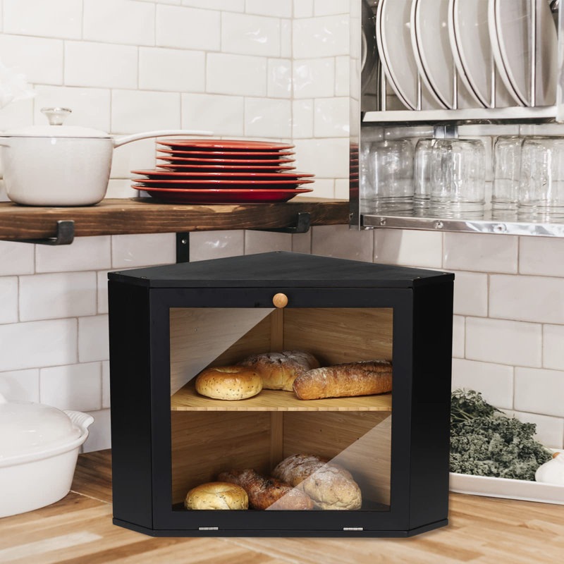 Double Layer Large Capacity Buchanan Corner Bread Box Suitable For Kitchen Countertop, Food Storage Room, Black