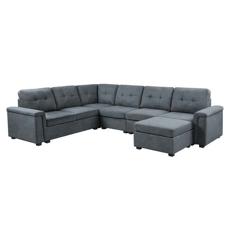 Isadora 119"W Gray Woven Fabric 7-Seater Sectional Sofa With Ottoman, Left Hand Facing