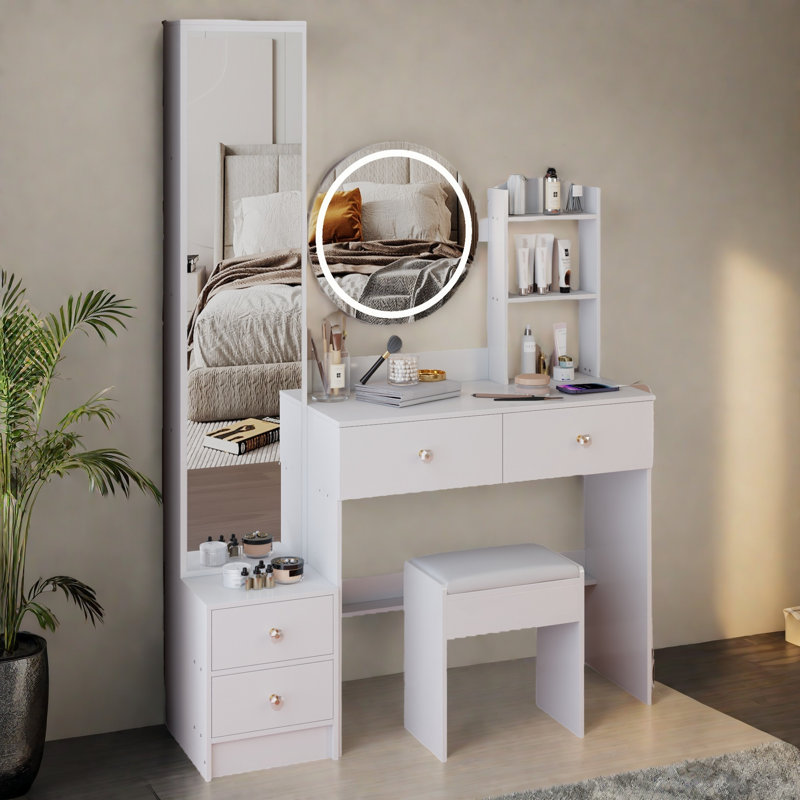 Round Mirror LED Vanity Table + Cushioned Stool, White