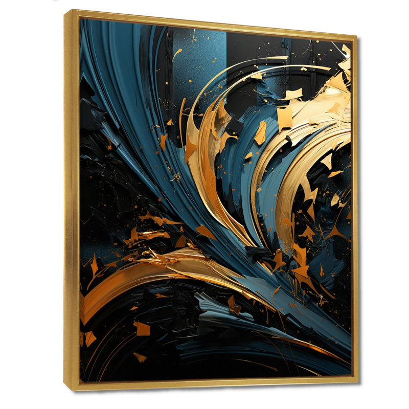 Décoration murale dorée, soleil liquide sur II - vagues, Toile avec cadre flottant or, H 32 po x l 24 po x P 1 po