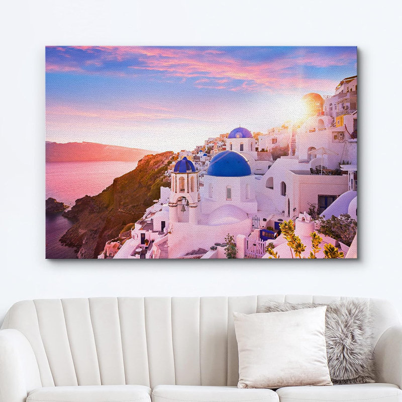 Coastal Beach " IDEA4WALL Canvas Print Wall Art Vibrant Sunset Pastel Santorini Greece Nature Wilderness Photography Realism Rustic Scenic Landscape Earth Panorama Colourful For Living Room, Bedroom, Office "