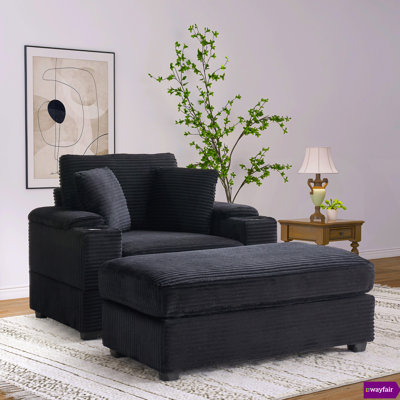 Bedri 42.12" W Corduroy Upholstered Chaise Lounge Sofa with Handrail storage,Movable ottoman,Cupholders. by Wade Logan