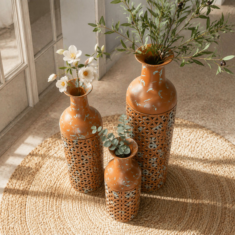 Ensemble de 3 vases de plancher en métal rustique, Terracotta - Floral