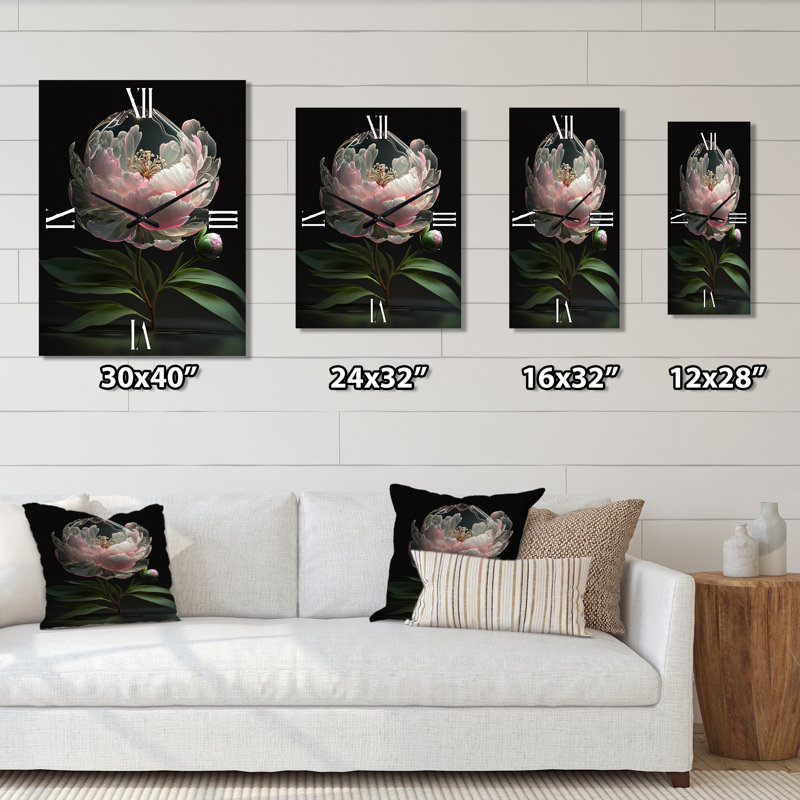 Jaleiyah - Horloge murale moderne pivoine florale, H 32 po x l 16 po