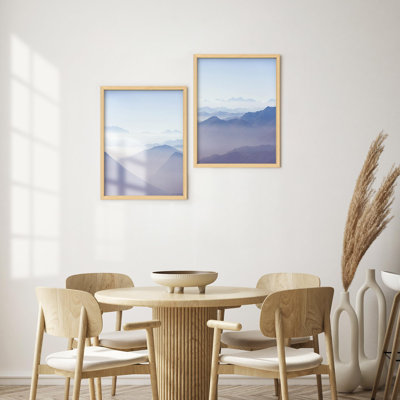 Reproduction d'art encadrée, dégradé pastel bleu, chaîne de montagnes et horizon, photographie de la nature, paysage, illustration décorative pour le salon, la chambre à coucher, le bureau