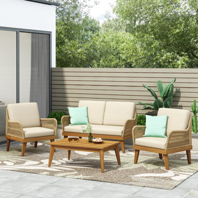 Ensemble de conversation d'extérieur en bois d'acacia 4 pièces avec corde, 1 causeuse et 2 fauteuils club, canapé de conversation en bois d'acacia et 1 table avec coussins résistants à l'eau, finition teck pour l'extérieur