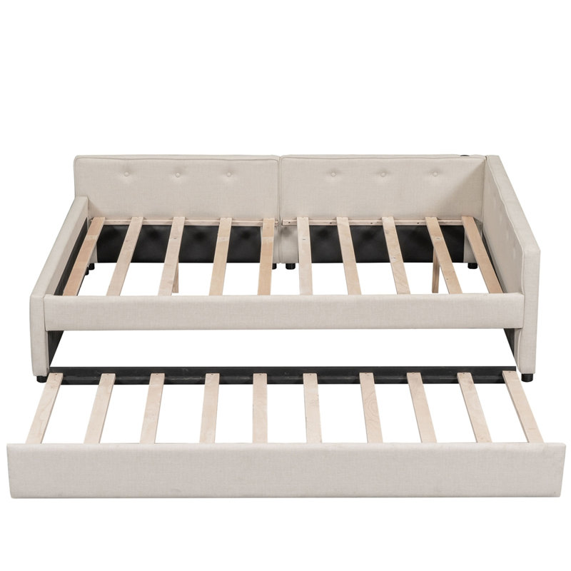 Lit plateforme tapissier avec port USB et lit gigogne simple, Double