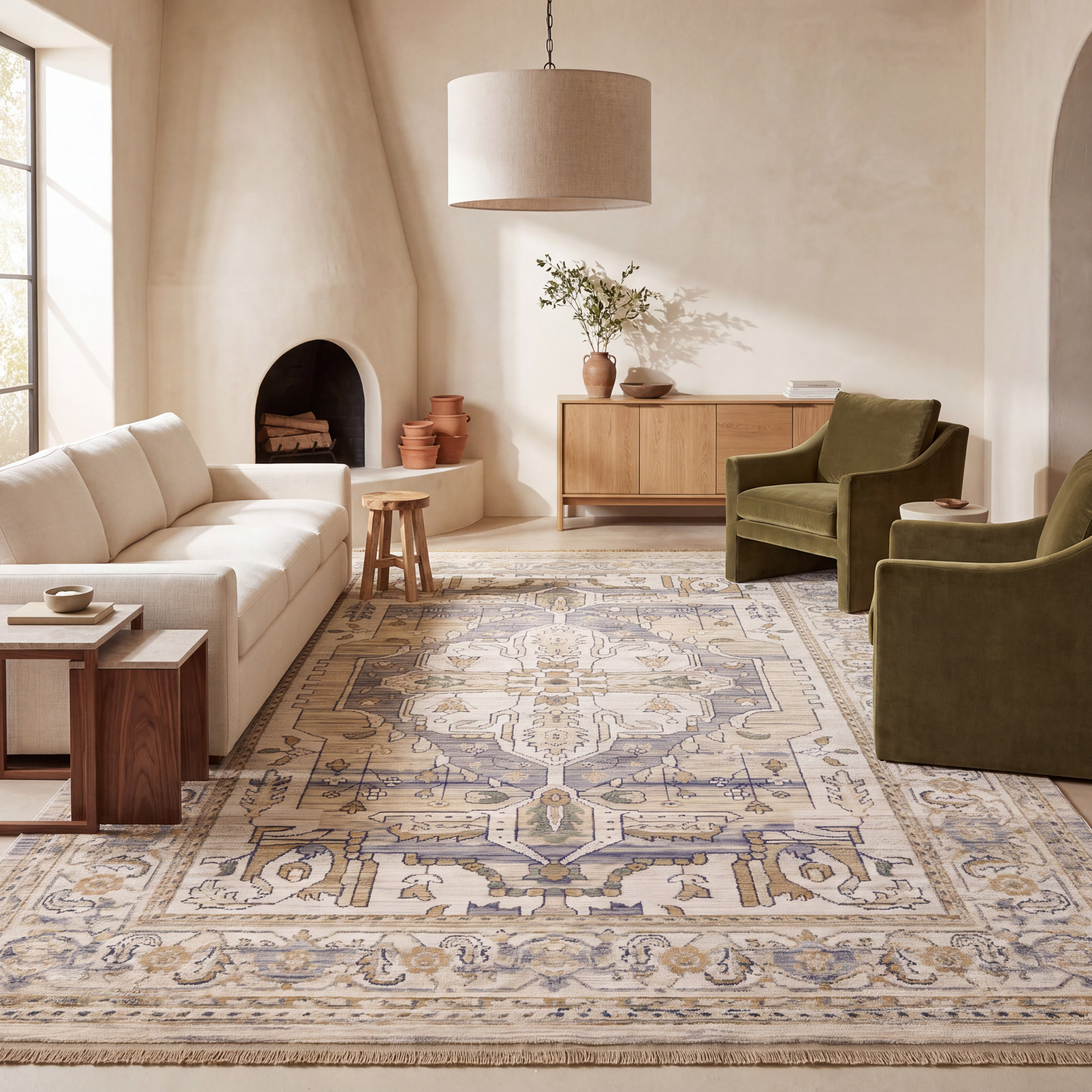 Abena Beige Gray Medallion Oriental Wool Rug, Rectangle 7'10" x 10'10"
