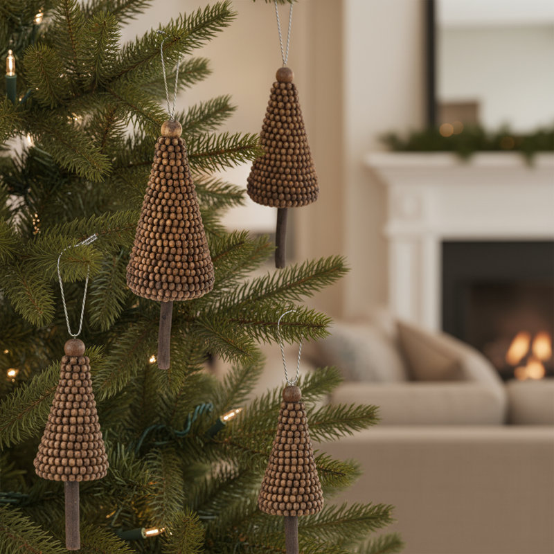 Ensemble de quatre décorations en forme d'arbre de Noël en bois brun