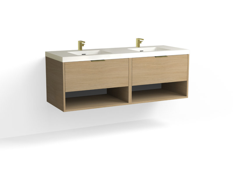 Modo 60" W Wall Mounted Double Bathroom Vanity, Glossy White/8" Widespread, Nocino, Satin Brass