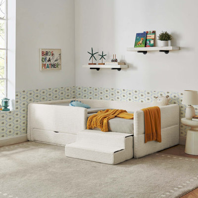 Lit simple multifonctionnel pour enfant avec garde-corps, marchepied de rangement et marchepied en tissu bouclé (80,5 po x 44,5 po x 23 po)