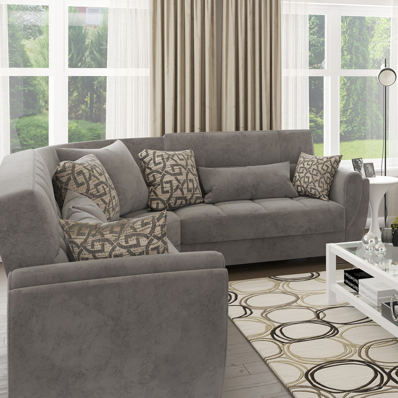 Oliveras Reversible L-Shaped Sleeper Sofa Sectional w/ Storage Seats for Living Room, Gray Microfiber, Cream