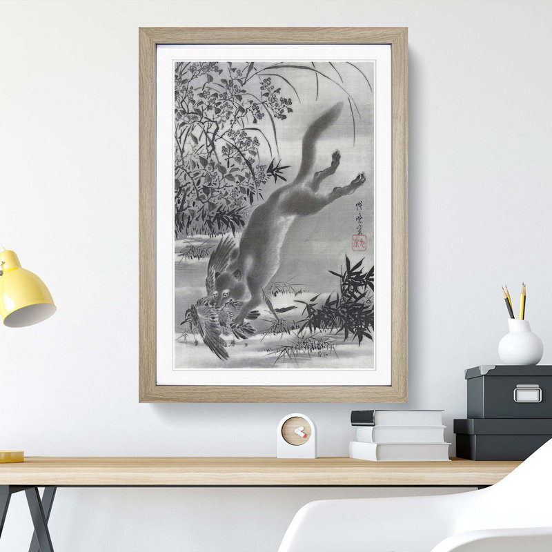 Fox Catching a Bird by Kawanabe Kyosai - Framed Print, Oak Framed, 65cm H x 48cm W x 2cm D