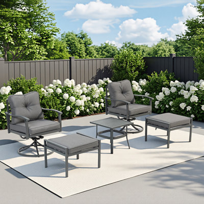 Patio Furniture Set, 5 Pieces Outdoor Patio Furniture Sets,Outdoor Metal Conversation Set Sofas with 2 Swivel Chairs,2 footstools,1 Side Table,Wrought Iron with Cushion