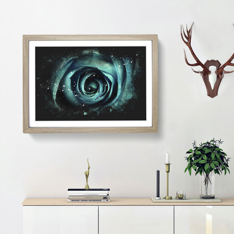 A Teal Rose - Single Picture Frame Print on MDF, 62cm H x 87cm W x 2cm D, Oak Framed