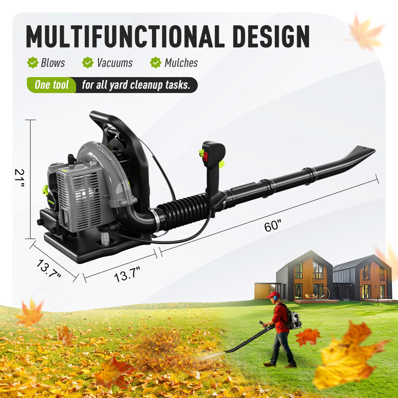 Souffleur à feuilles 63cc à gaz, souffleur de qualité commerciale de 665 pi³ / min à vitesse variable, moteur à démarrage facile pour déchets de jardin, débris de pelouse, feuilles