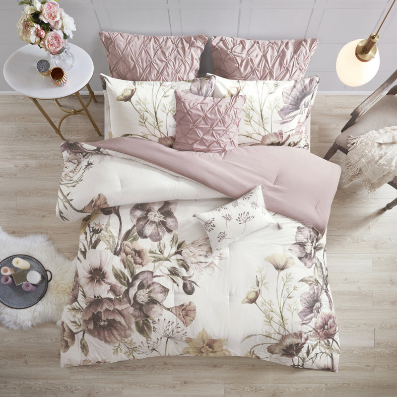 Édredon très grand - 8 pièces, imprimé floral en coton à grande échelle, Rosé