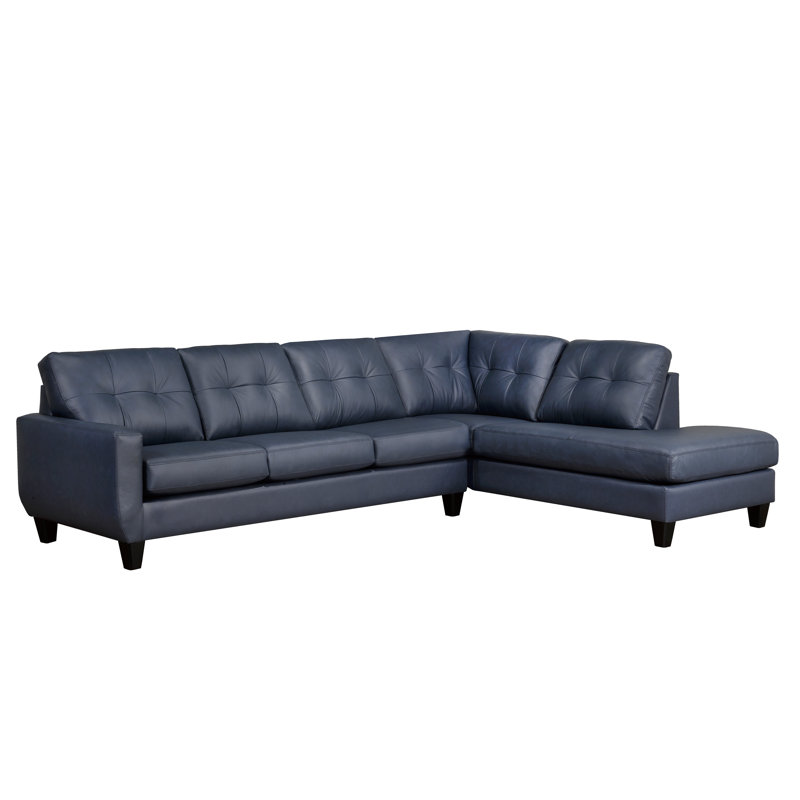 Aarah Upholstered L-Shaped Sectional, Right Hand Facing, Blue Genuine Leather