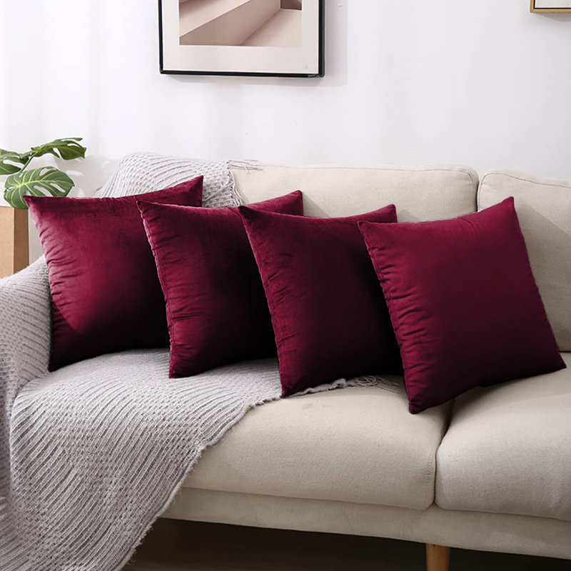Square Luxury Velvet Throw Cushion Covers for sofa, couch set of 4, Red