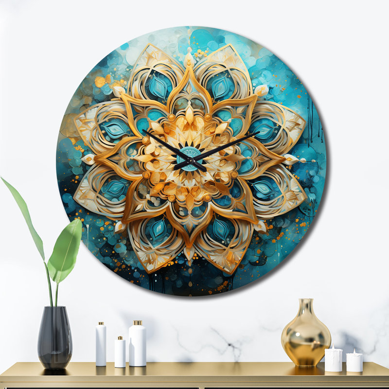 Horloge murale Divine Mandala en métal doré et turquoise III, Très grand