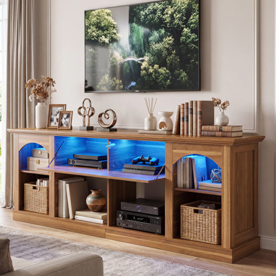70" Farmhouse TV Stand with RGB LED Lights and Flip-Down Door, Entertainment Center with Adjustable Shelf for TVs up to 80 Inches