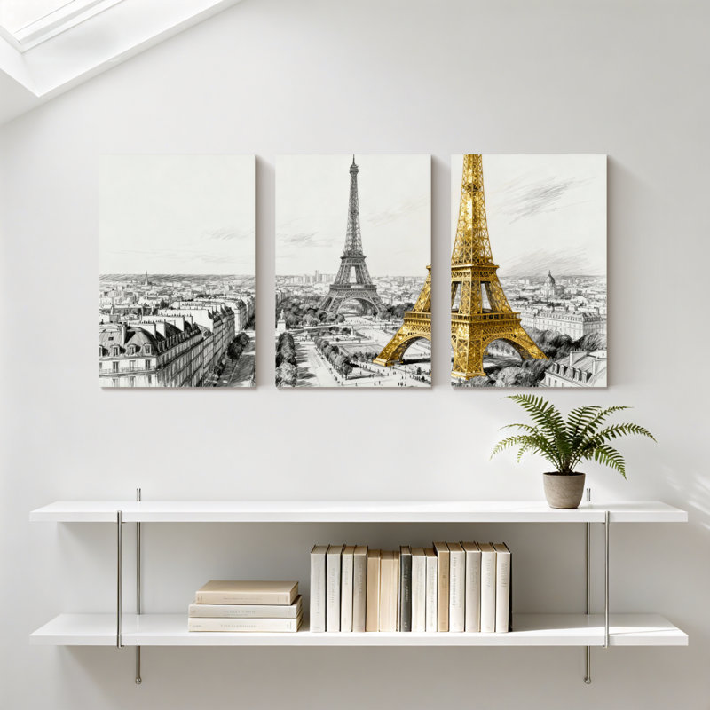 Monument historique de la Tour Eiffel, paysage urbain, accent doré, ensemble de 3 impressions d'art sur toile
