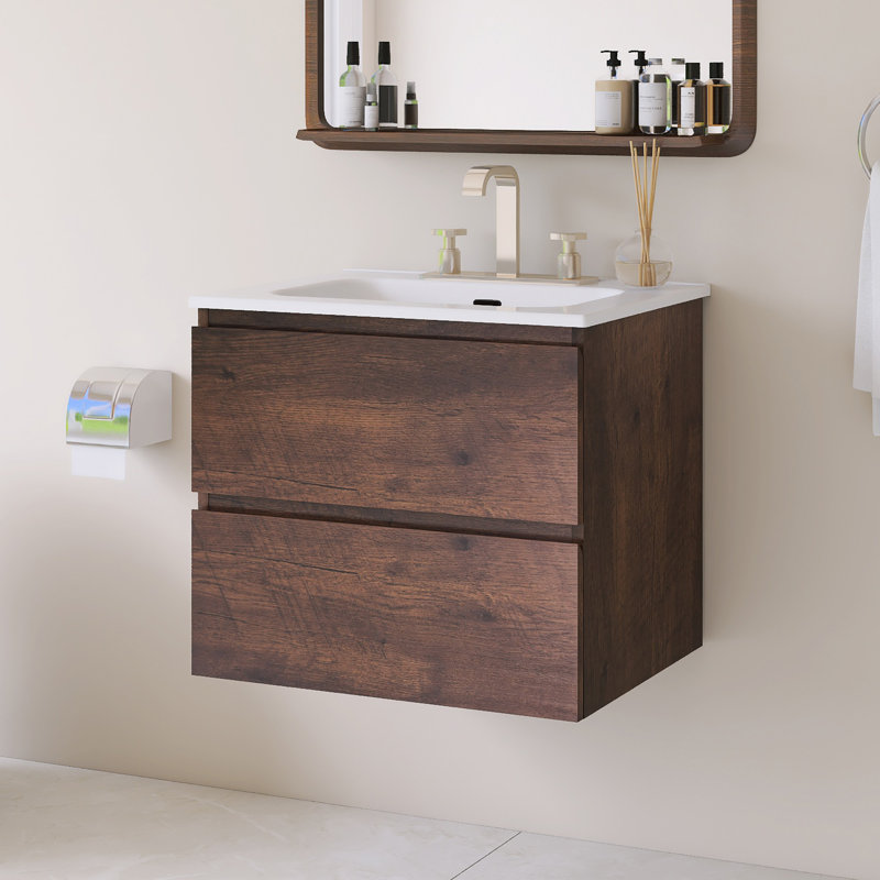 Meuble-lavabo mural simple avec comptoir intégré en céramique blanche, Noyer, 24"