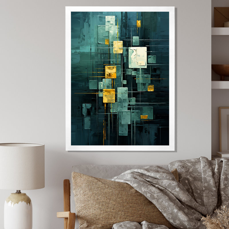 «Sudden Serenity Abstract Turquoise and Gold I», reproduction sur toile, H 32 po x l 16 po x P 1 po, Cadre simple blanc