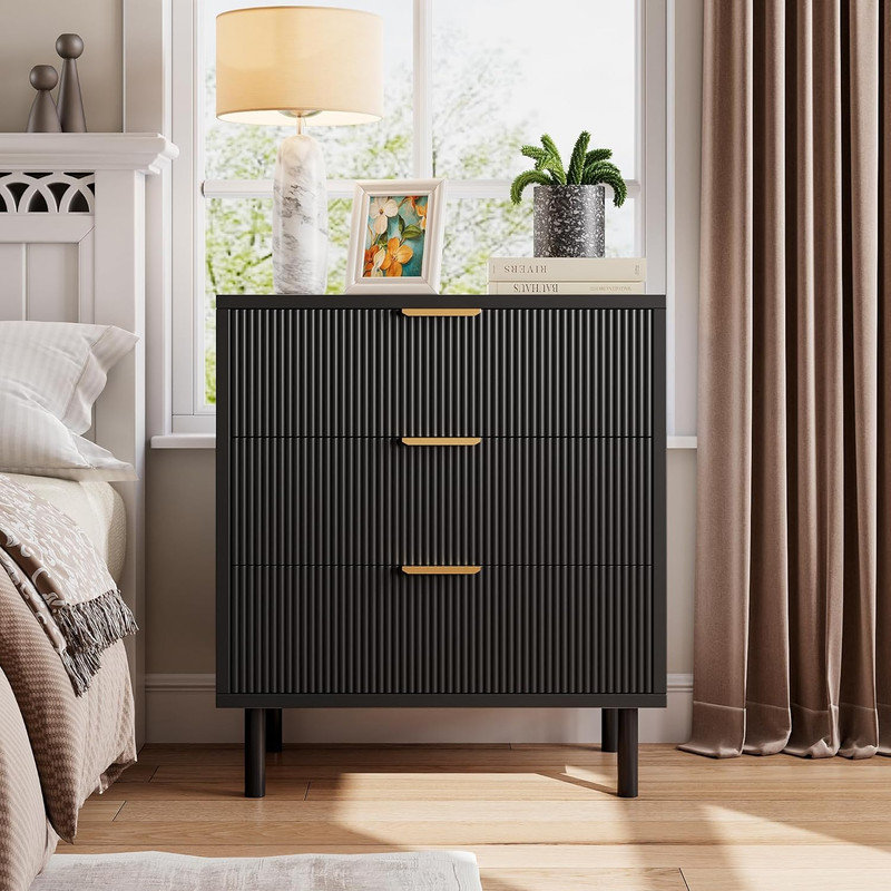Wave Fluted 3-Drawer Dresser, 28" Wide Chest with Anti-Tip Device, Metal Legs for Bedroom, Entryway, Small Spaces, Black