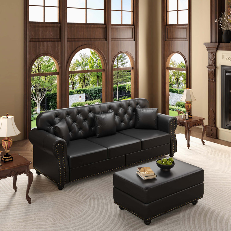 Canapé Chesterfield 82,6 po Mid-Century, Similicuir noir