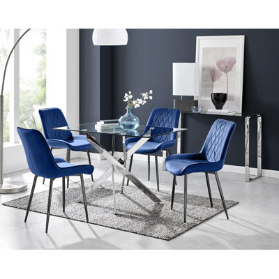5-Piece Rectangular Glass Top Dining Set with Velvet Chairs