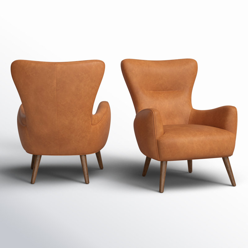Fauteuil à oreilles en cuir véritable Apollo, Cuir véritable brun clair cognac
